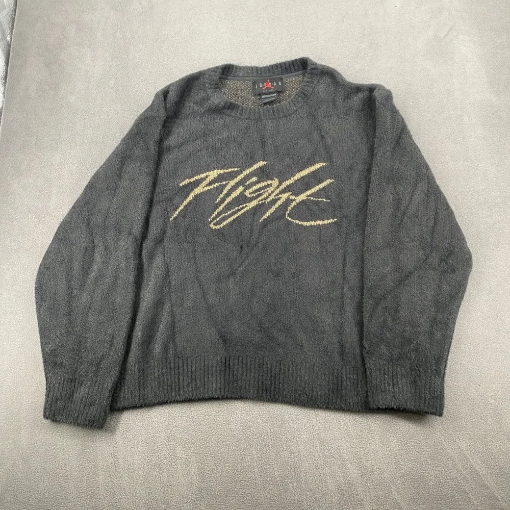 Jordan Flight Crewneck Sweater Mens Large Black Gold Fuzzy Knit Loose Fit 5334